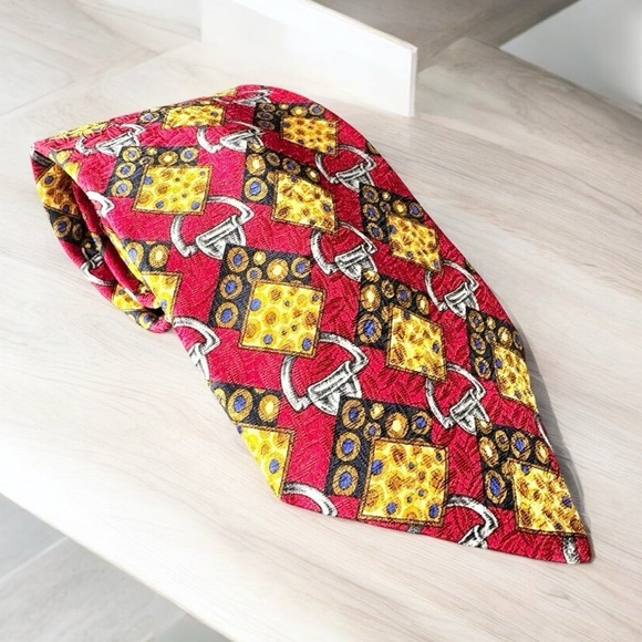 Celine Red & Gold Horse Bit 100% Silk Men’s Neck Tie - Picture 1 of 11